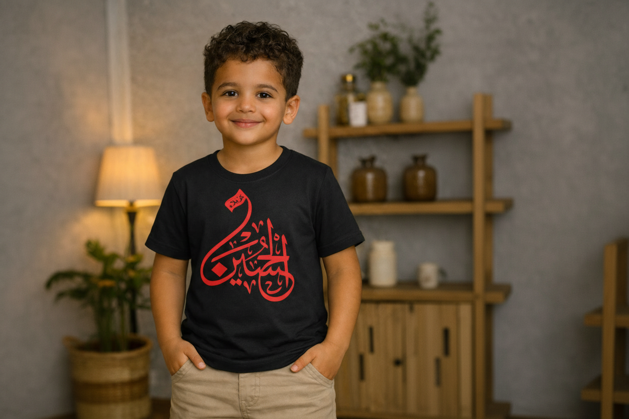 Toddler with Red Calligraphy Design